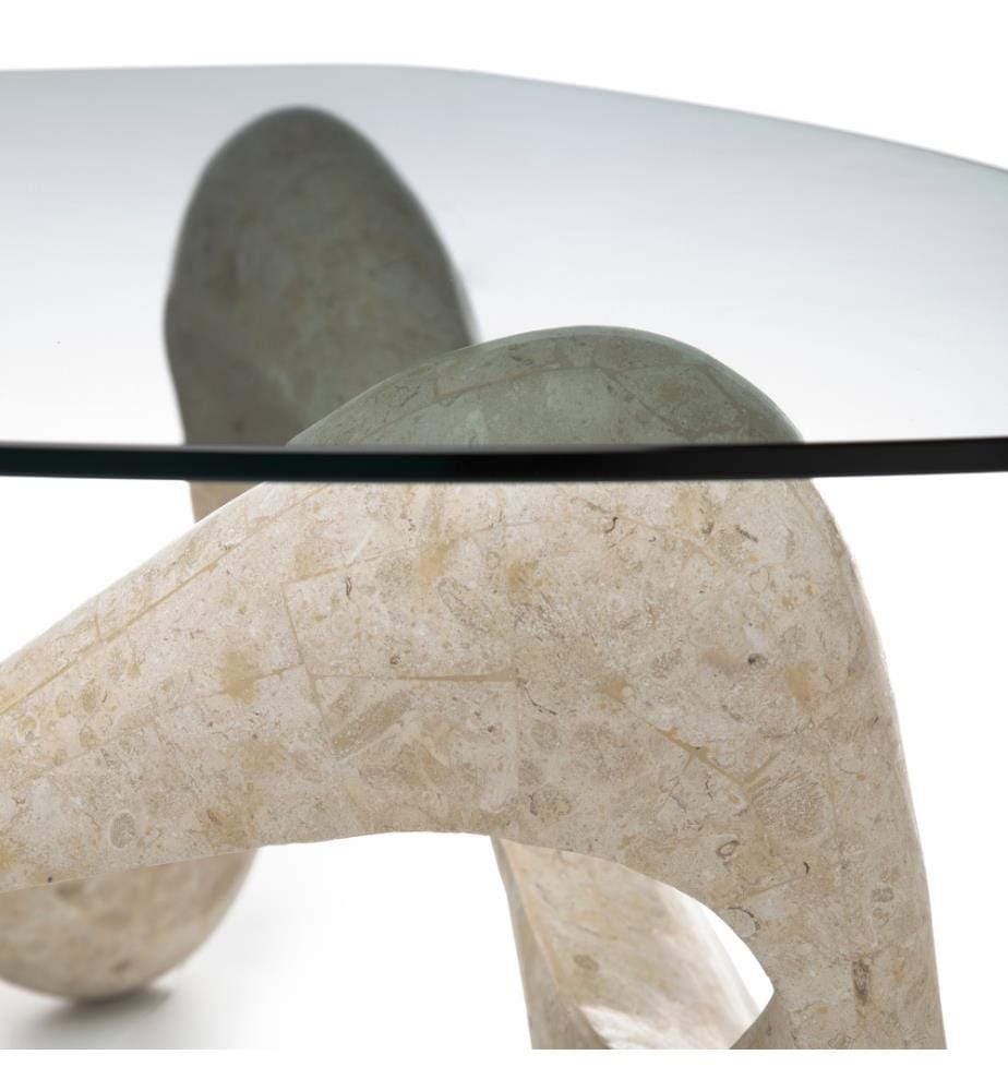Tetris Table basse en pierre fossile 80x 41,5 cm Plateau en verre 100x100 cm