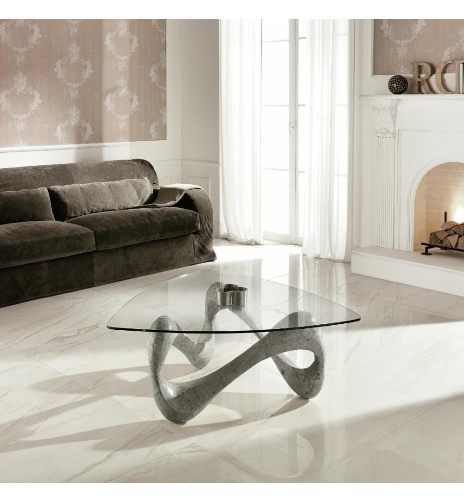 Tetris Table basse en pierre fossile 80x 41,5 cm Plateau en verre 100x100 cm