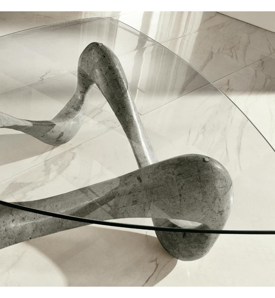 Tetris Table basse en pierre fossile 80x 41,5 cm Plateau en verre 100x100 cm