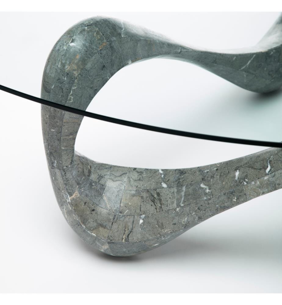 Tetris Table basse en pierre fossile 80x 41,5 cm Plateau en verre 100x100 cm