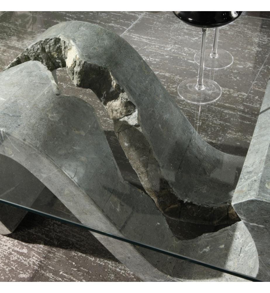 Flexus Fossil Stein Couchtisch 36 cm Glasplatte 120x70 cm