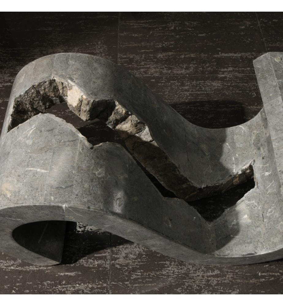 Flexus Fossil Stein Couchtisch 36 cm Glasplatte 120x70 cm