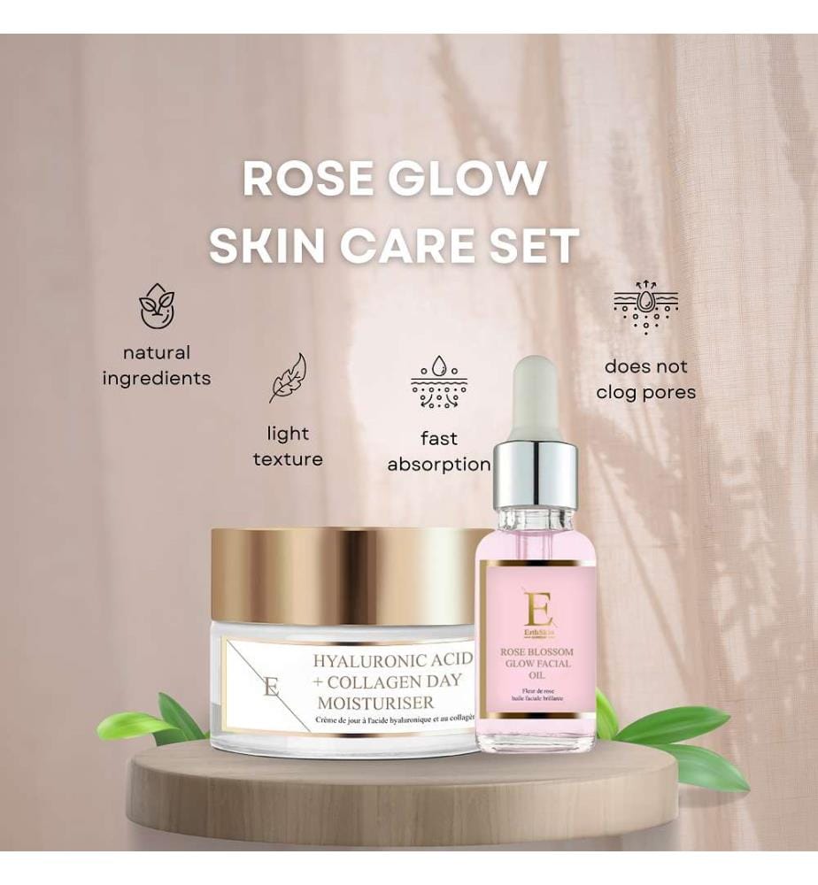 Rose Blossom Glow Facial Oil - 30 ml + Hyaluronic Acid & Collagen Day Cream - 50 ml