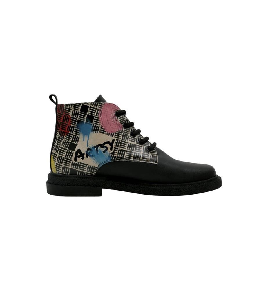 Bottines en Cuir Végétalien noir - Artsy Cat Collage Design