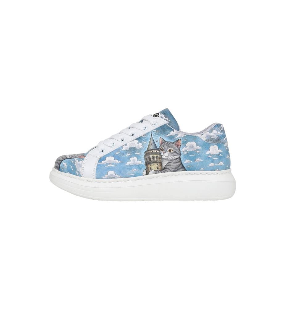 Weisse vegane Leder-Sneaker für Damen – Galata Cat-Motiv