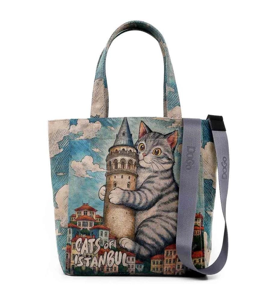 Borsa tote grande vegana blu - Design del gatto Galata