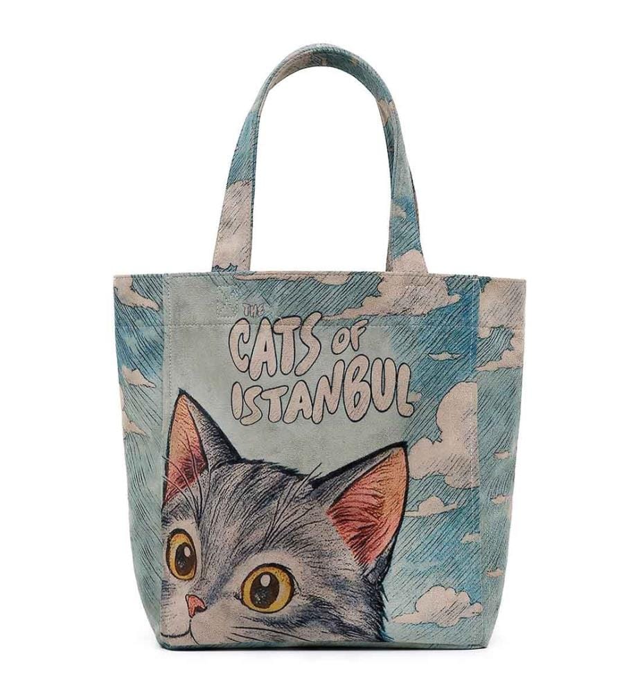 Borsa tote grande vegana blu - Design del gatto Galata