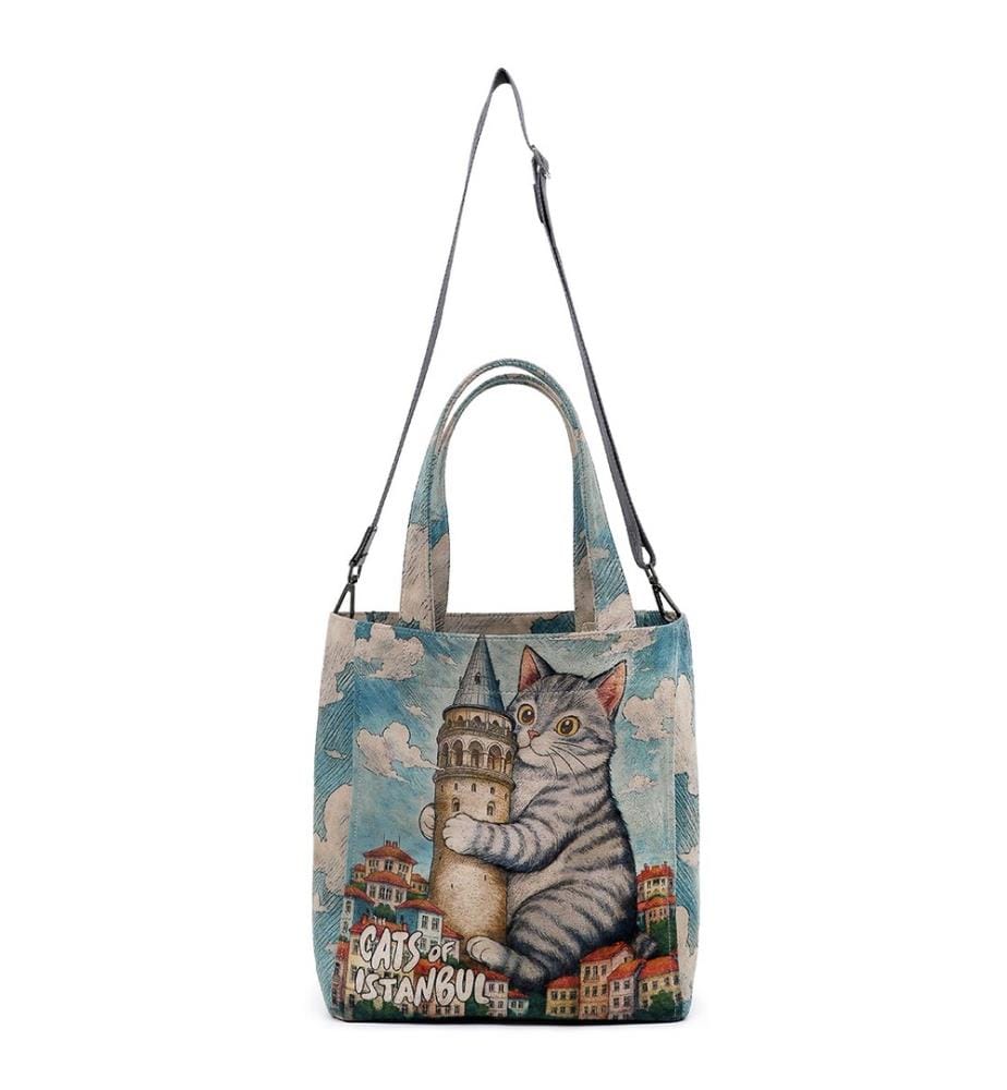 Borsa tote grande vegana blu - Design del gatto Galata