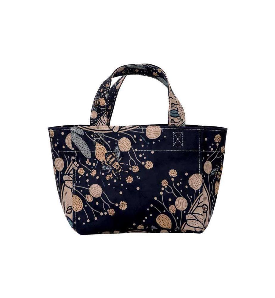 Vegan Leather Black Medium Tote Bag - Bee with Flowers