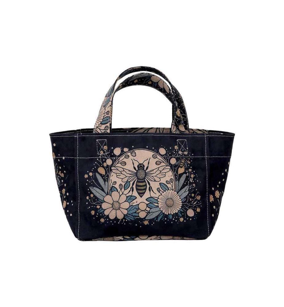 Vegan Leather Black Medium Tote Bag - Bee with Flowers