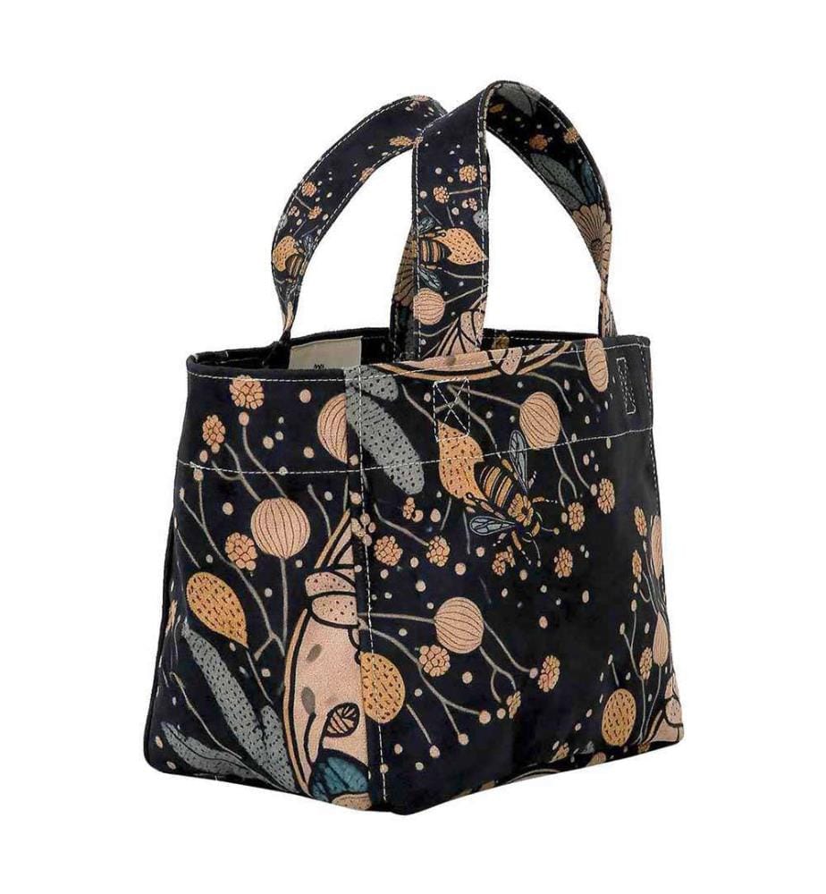 Vegan Leather Black Medium Tote Bag - Bee with Flowers