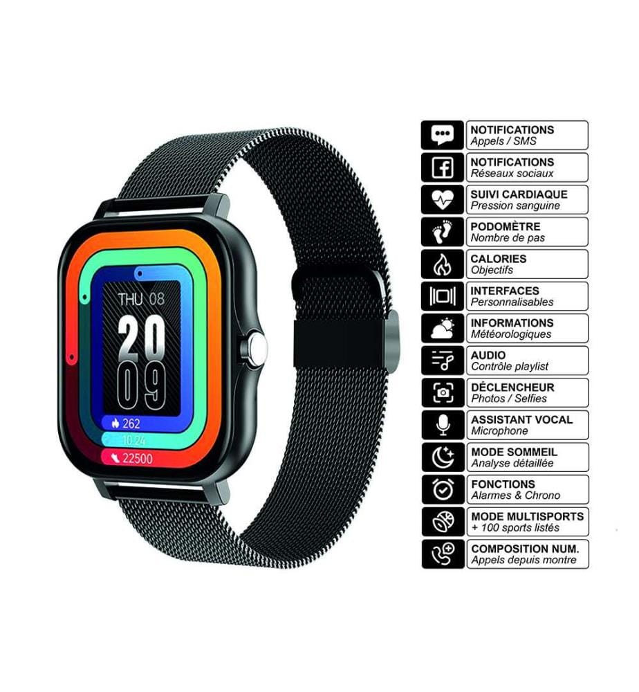 Montre connectée Modèle Balnéo - Coloris Noir (bracelet milanais)