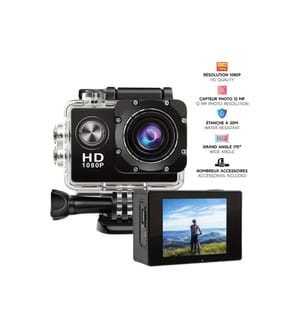 Caméra sport 1080P avec accessoires et caisson étanche - Modèle Apha - Coloris Noir