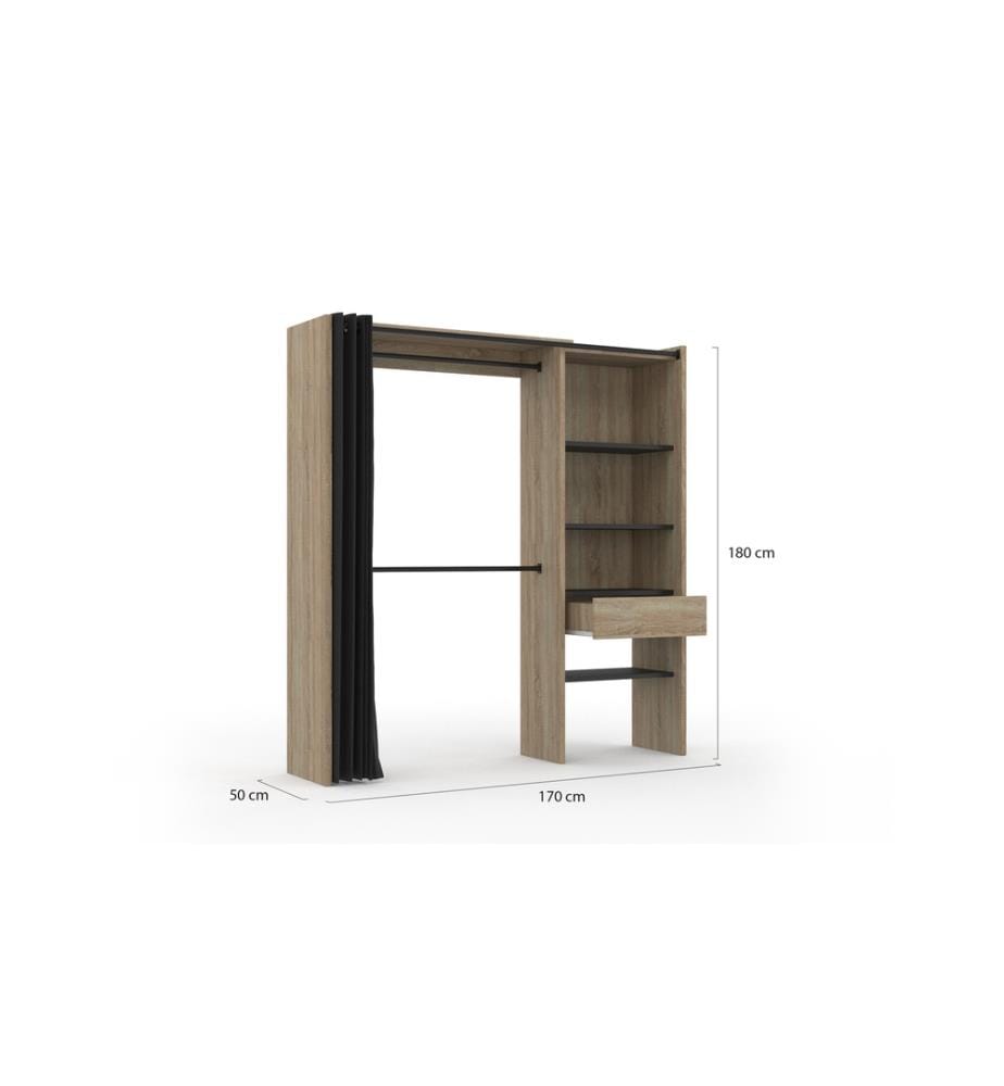 Dressing Extensible Avec Colonne Et Penderie Avec Rideau 120-170x180cm - Bois et Noir