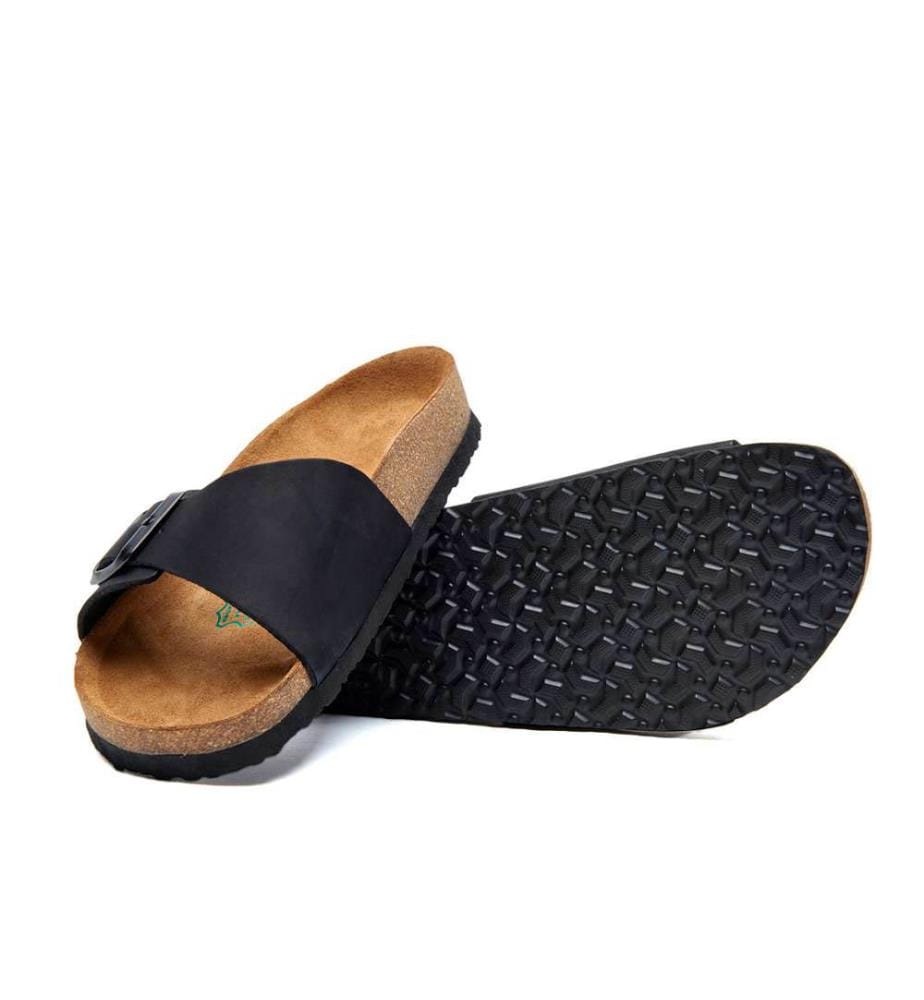 Leather Sandals With Anatomically Shaped Cork Footbed - Black-Nubuck 