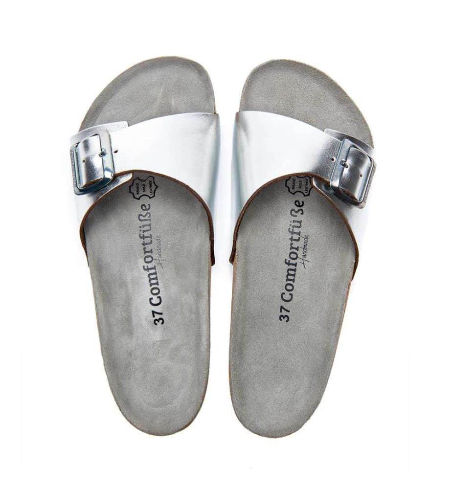 Leather Sandals With Anatomically Shaped Cork Footbed - Silver