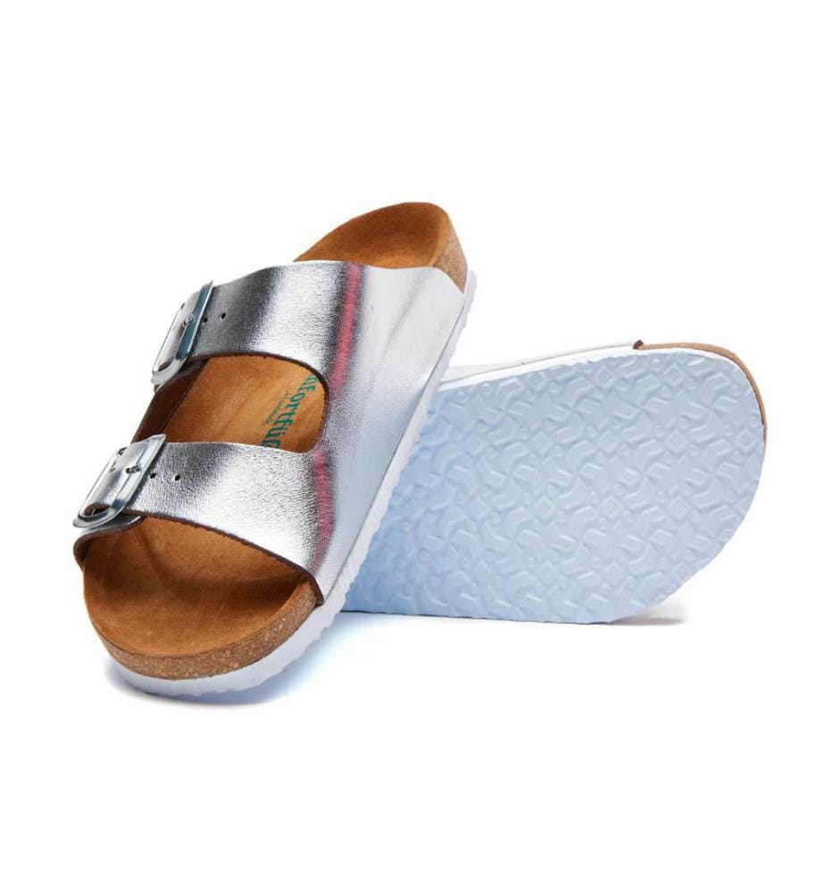 Leather Sandals With Anatomically Shaped Cork Footbed - Silver