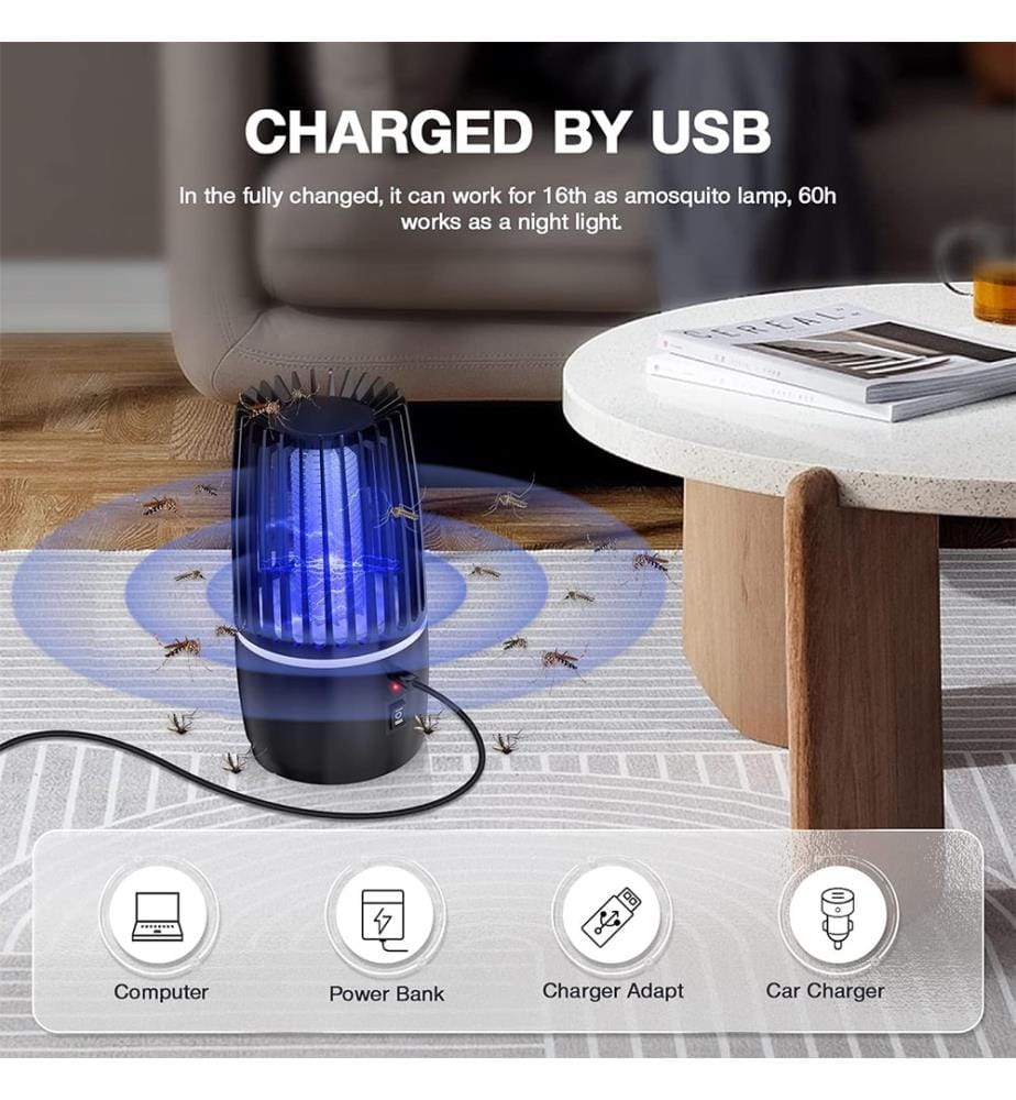Mückensichere Lampe, 4000mAh wiederaufladbare USB Fliegenfalle, 360°UV elektrischer mückensicherer Lampenschirm, Innen- und Aussenlampenschirm mit starker Anziehungskraft - Schwarz
