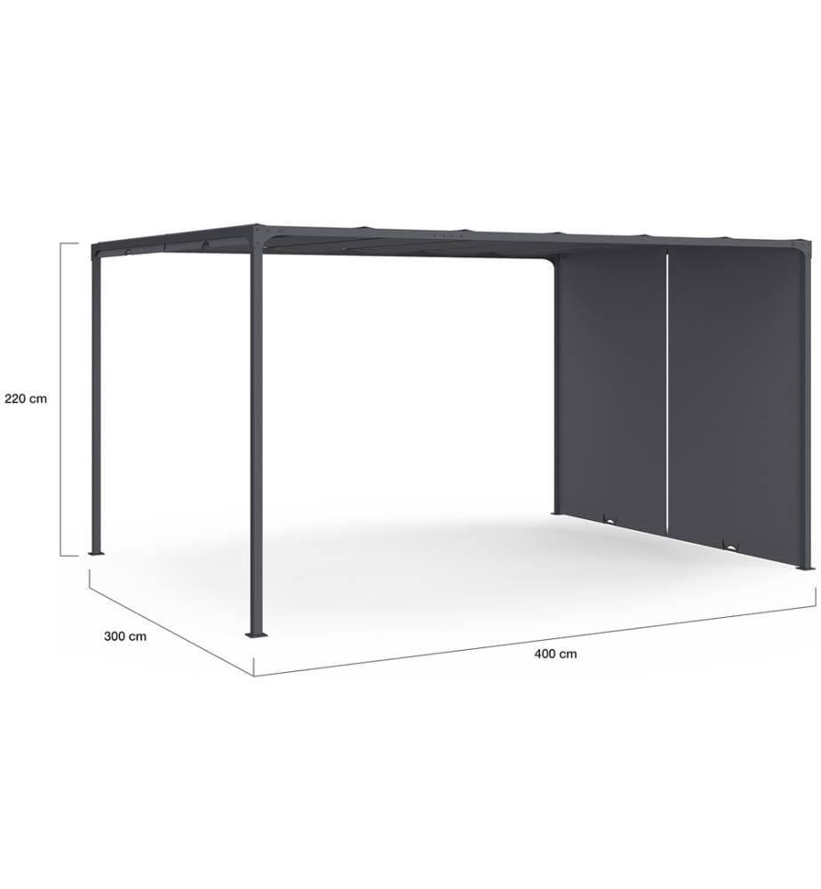 Pergola 3x4m + 2 toiles latérales coulissantes grises