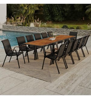 Ensemble repas extensible Timbia 12 places noir et verre trempé effet bois
