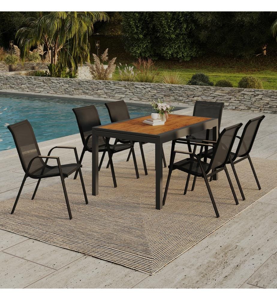 Ensemble repas extensible Timbia 12 places noir et verre trempé effet bois