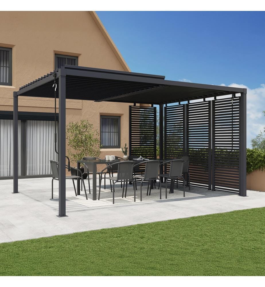 Pergola bioclimatique 3x4m lames orientables + 4 persiennes - Gris anthracite