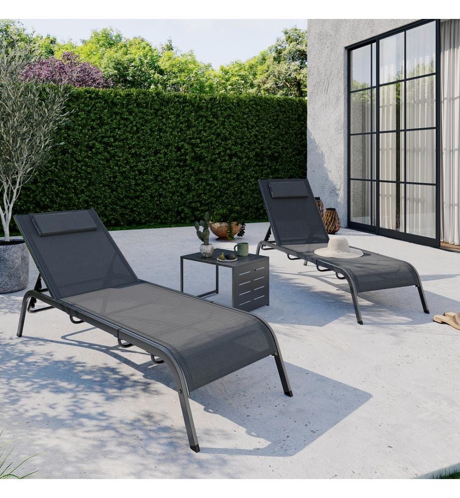 Lot de 2 Transats inclinables Mindoro 5 positions avec table d'appoint