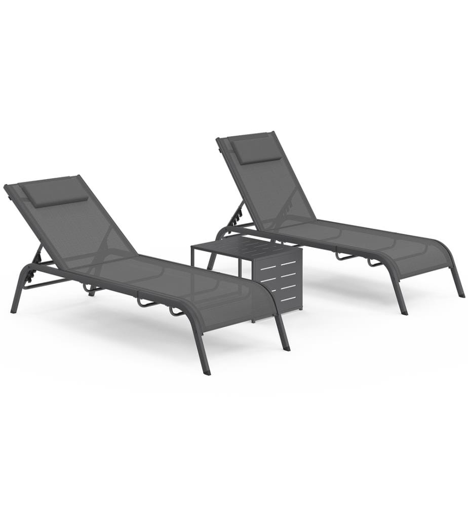 Lot de 2 Transats inclinables Mindoro 5 positions avec table d'appoint