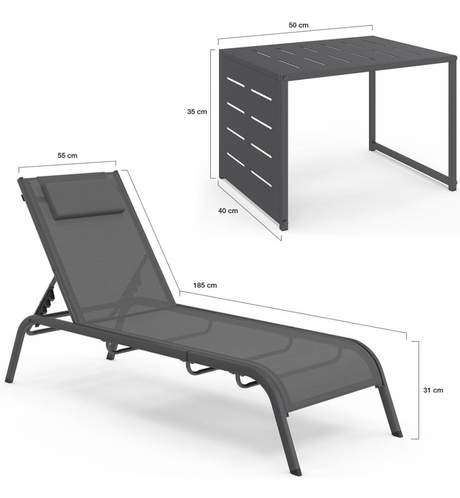 Lot de 2 Transats inclinables Mindoro 5 positions avec table d'appoint