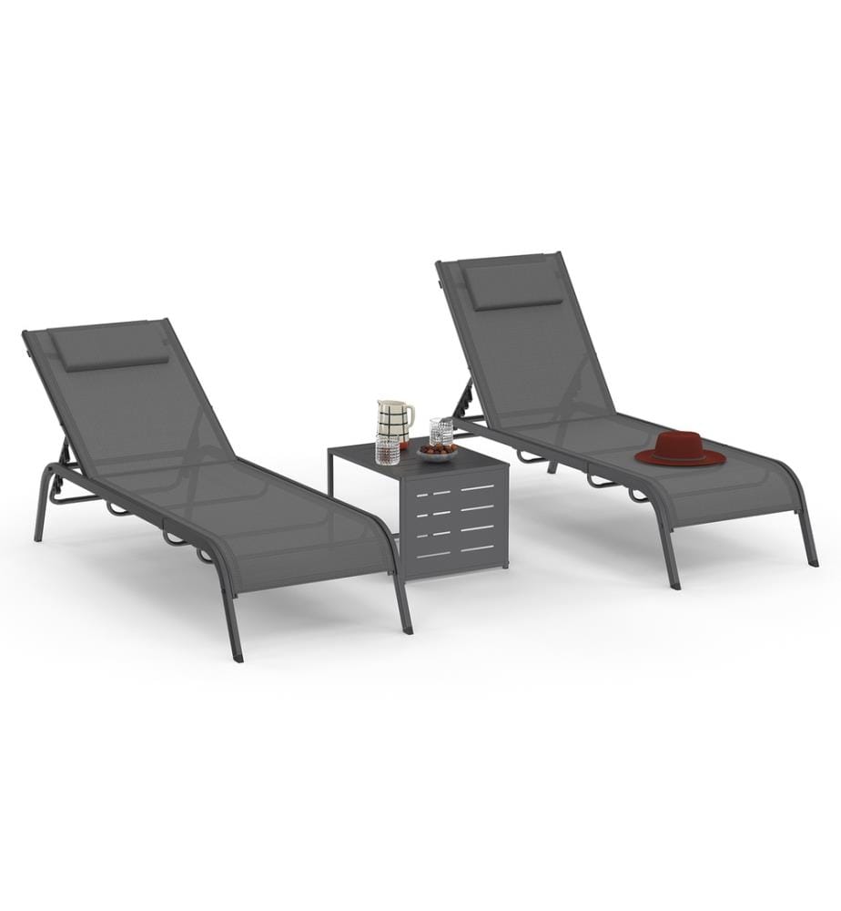 Lot de 2 Transats inclinables Mindoro 5 positions avec table d'appoint