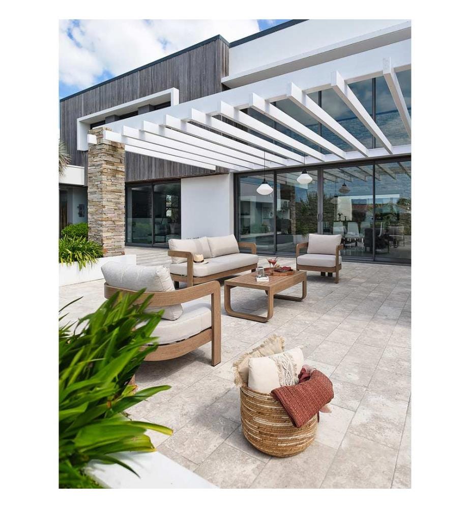 Niedrige Gartenmöbel DAVAO 5-Sitzer aus Aluminium mit Holzeffekt - ECRU