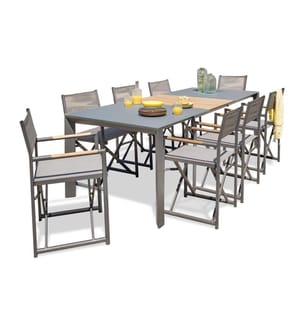 Ensemble table de jardin HONFLEUR (180/250x100 cm) aluminium avec plateau en verre et rallonge HPL effet bois et 8 fauteuils pliants - GRIS ANTHRACITE