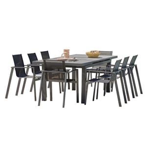 Ensemble table de jardin VENISE (190/250X95 cm) en aluminium et céramique avec rallonge automatique et 8 fauteuils MIAMI empilables - GRIS ANTHRACITE