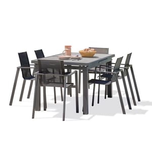 Ensemble table de jardin VENISE (190/250X95 cm) en aluminium et céramique avec rallonge automatique et 6 fauteuils MIAMI empilables - GRIS ANTHRACITE