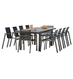 Ensemble table de jardin VENISE (190/250X95 cm) en aluminium et céramique avec rallonge automatique et 10 fauteuils MIAMI empilables - GRIS ANTHRACITE