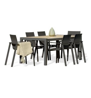 Ensemble table de jardin VENISE (195x90 cm) en aluminium et céramique et 6 fauteuils MIAMI empilables - GRIS ANTHRACITE