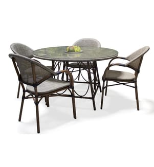 Ensemble table de jardin ronde USHUAIA (diam. 125 cm) en aluminium et textilène beige et 4 fauteuils USHUAIA empilables - MARRON