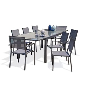 Ensemble table de jardin TOLEDE (200/300x100 cm) en aluminium et plateau verre avec rallonge intégrée, 6 chaises et 2 fauteuils TOLEDE empilables - GRIS ANTHRACITE