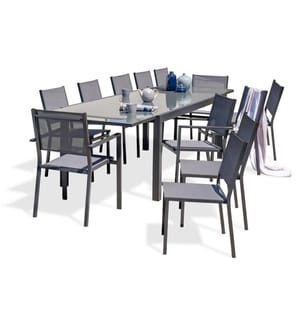 Ensemble table de jardin TOLEDE (200/300x100 cm) en aluminium et plateau verre avec rallonge intégrée, 10 chaises et 2 fauteuils TOLEDE empilables - GRIS ANTHRACITE