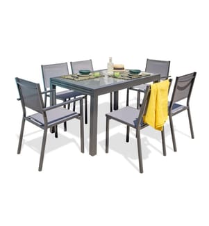 Ensemble table de jardin TOLEDE (135/270x90 cm) en aluminium et plateau verre avec rallonge intégrée, 4 chaises et 2 fauteuils TOLEDE empilables - GRIS ANTHRACITE