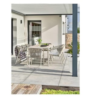 Ensemble table de jardin TIGUA (200x90 cm) en aluminium et plateau céramique sur verre et 6 fauteuils GAMBI empilables - GREGE