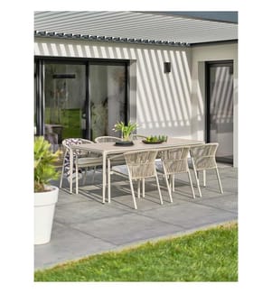 Ensemble table de jardin TIGUA (200x90 cm) en aluminium et plateau céramique sur verre et 6 fauteuils GAMBI empilables - GREGE