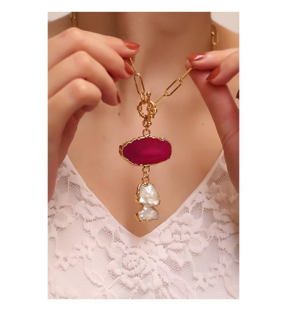 Collana di agata e perle - Rosa e bianco