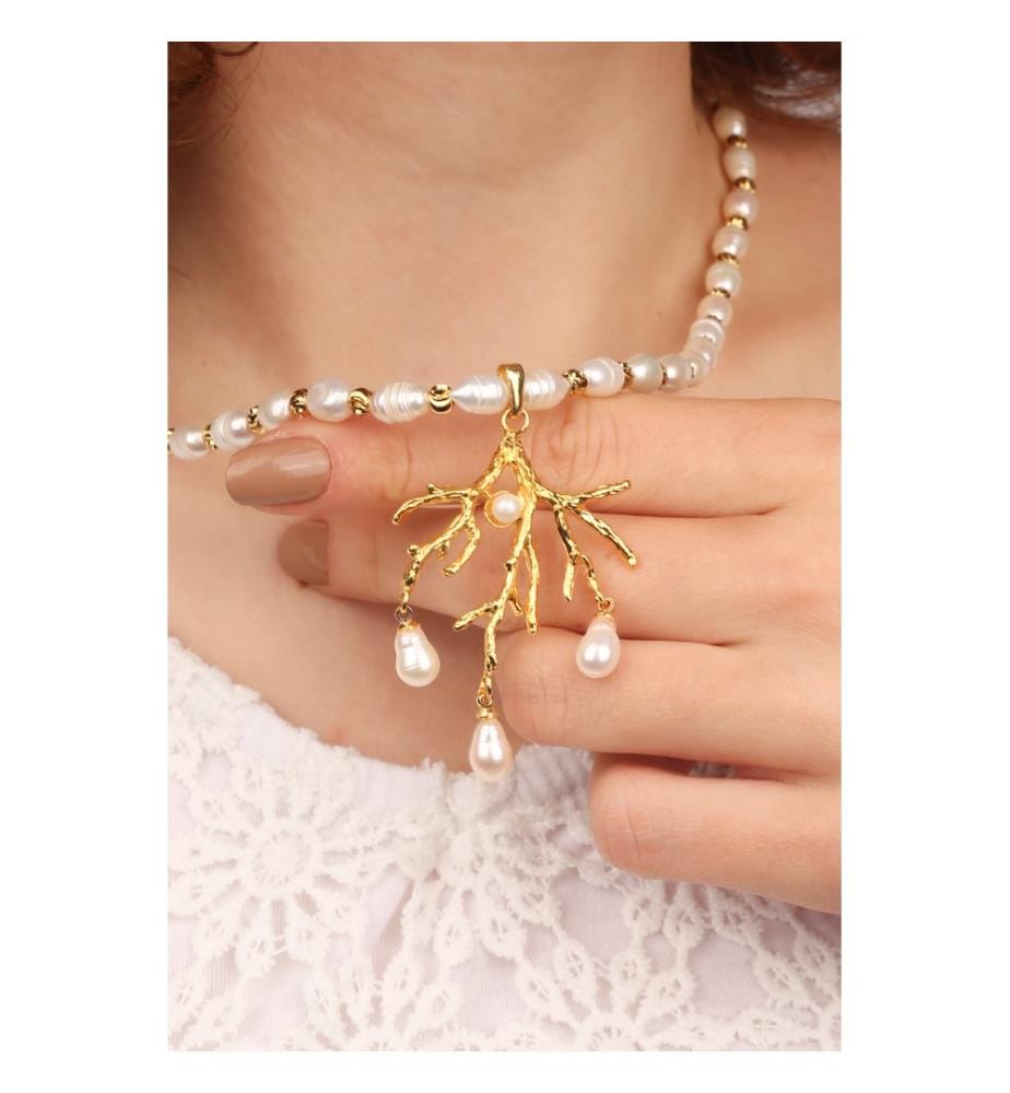 Perlenset (Halskette und Ohrringe) - Gold und Weiss