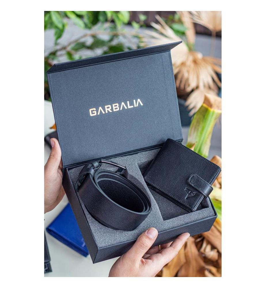 Set aus Geldbörse und Gürtel, 2-teilig, 100 % echtes Leder, Schwarz