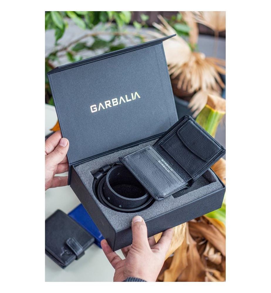 Set aus Geldbörse und Gürtel, 2-teilig, 100 % echtes Leder, Schwarz