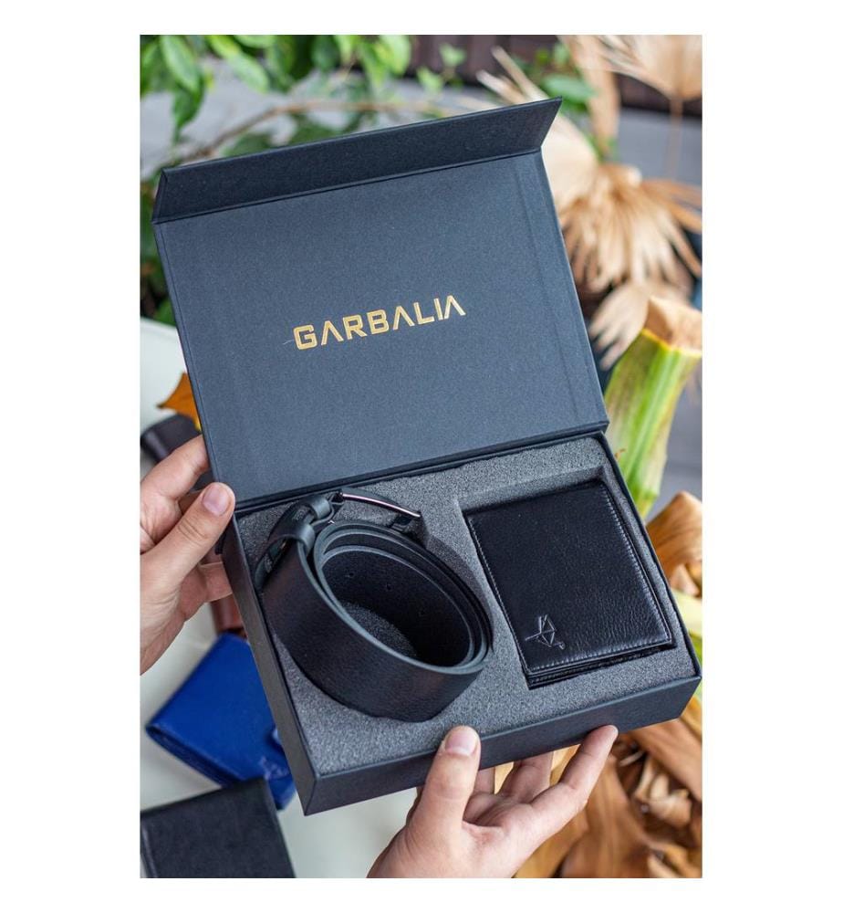 Set aus Geldbörse und Gürtel, 2-teilig, 100 % echtes Leder, Schwarz