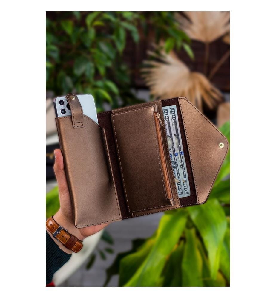 Portefeuille femme, 100 % cuir PU, cuivre