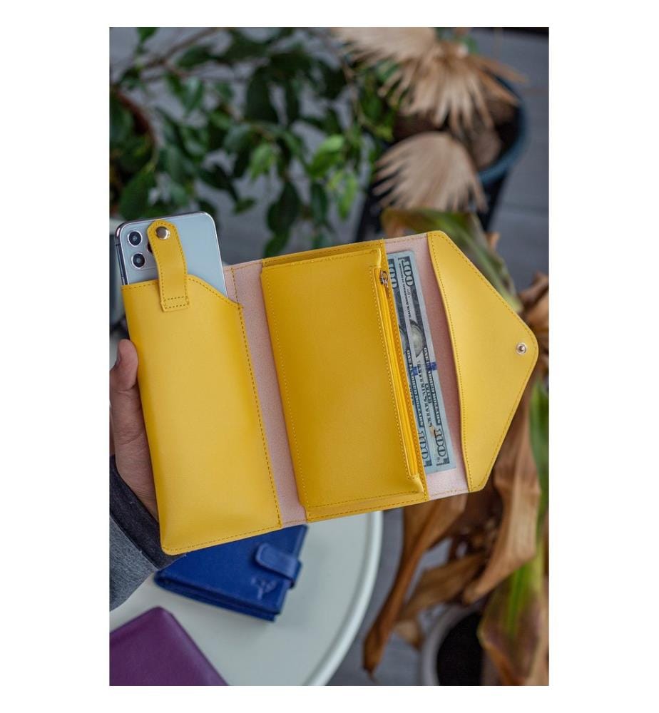 Portefeuille femme, 100 % cuir PU, jaune