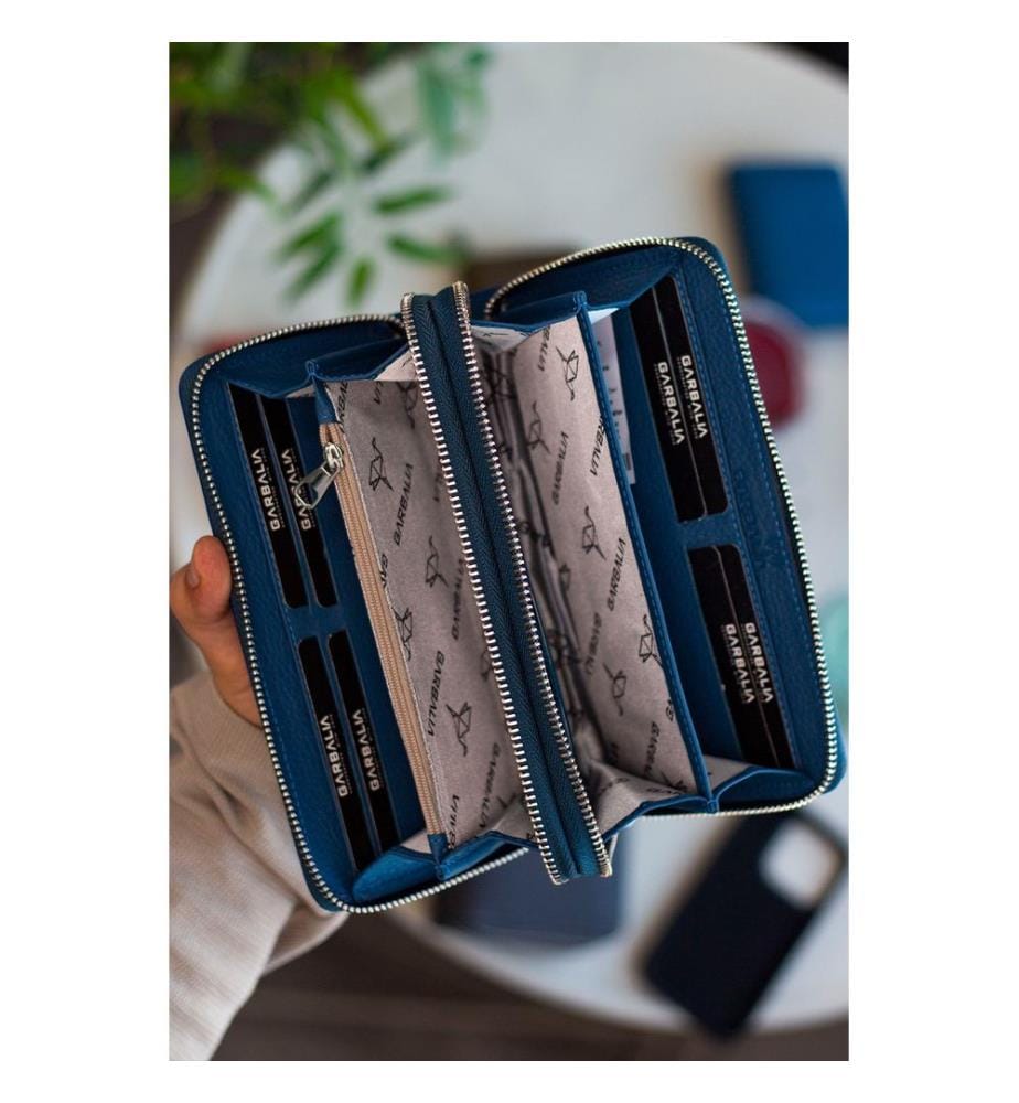 Portefeuille unisexe, 100 % cuir véritable, bleu pétrole